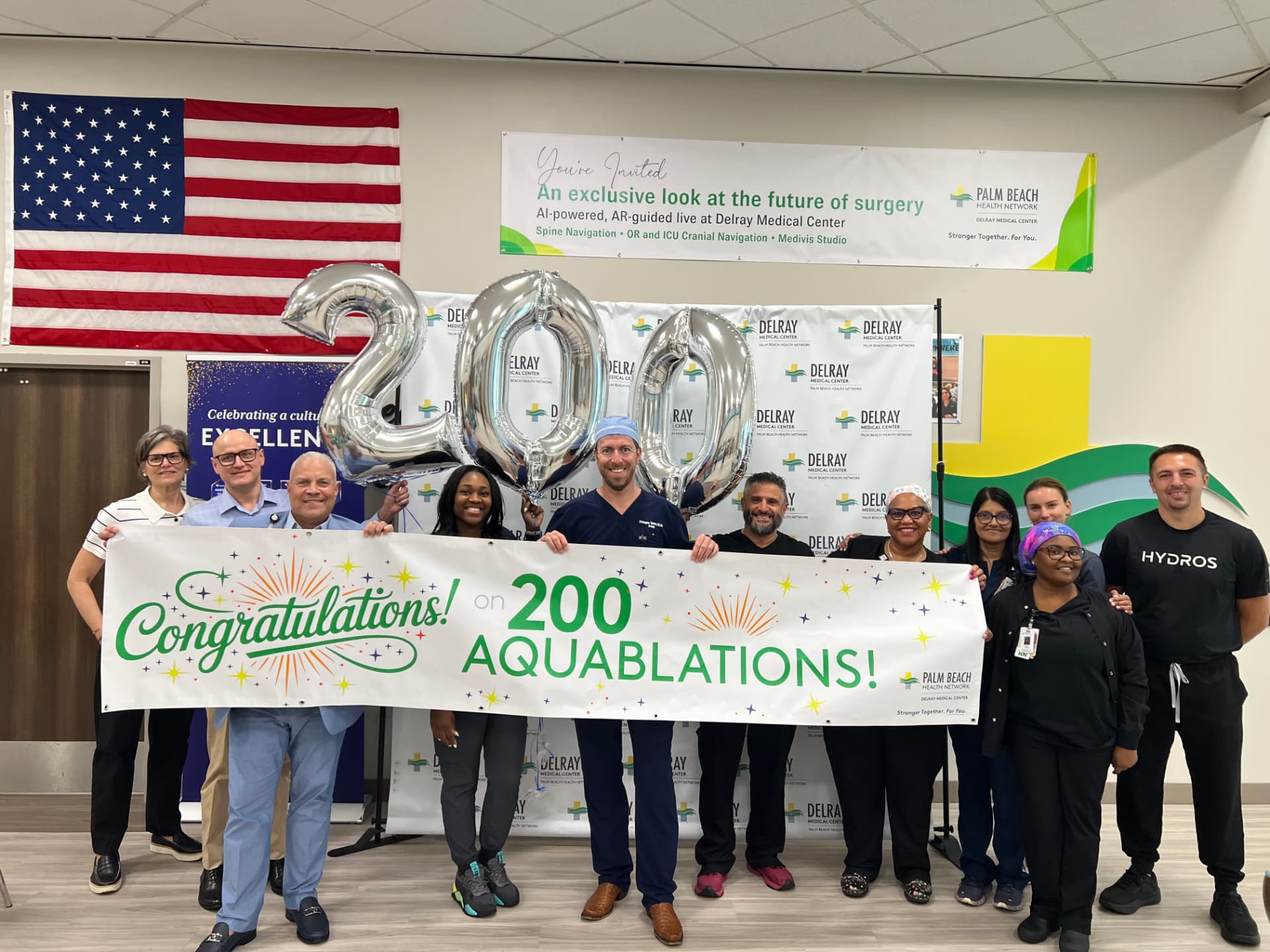 Dr. Christopher Tallman and his surgical team at Delray Medical Center celebrating 200 Aquablation surgeries